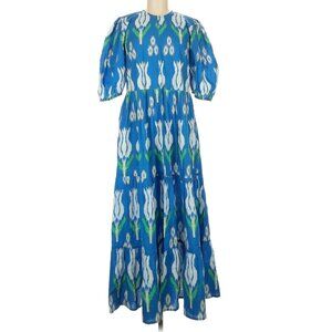 Oliphant Printed Tulip Puff Sleeve Maxi Dress in Blue Size M 100% cotton
